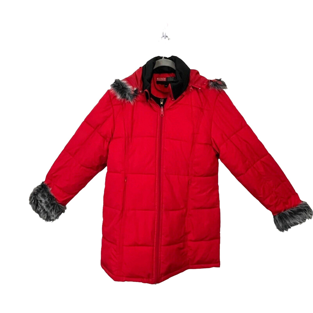 WS Duck Winter Down Coat Removable Faux Fur Trim Size Medium Vintage Red Puffer